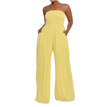 Strapless Jumpsuits for Women Summer Dressy Smocked Tube Top Rompers One Piece Flowy Wide Leg Pants with Pockets