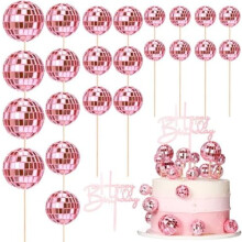 24 Pcs Pink Disco Ball Cupcake Toppers – Retro 70s/80s Birthday Cake Decor, Shiny Mini Balls for Theme Parties
