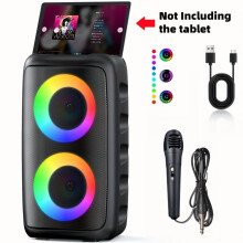 Altavoz portátil de karaoke con micrófonos duales y luces LED.