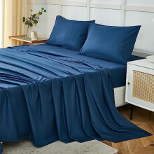 Ensemble de draps bleu marine Queen 4 pièces, microfibre série 1800, infroissable et respirante, poches profondes de 35,5 cm (14 po) – Compatible