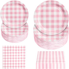 Conjunto de pratos e guardanapos de papel xadrez rosa