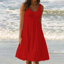 Vestidos femininos, vestido de praia feminino de verão com estampa, gola redonda e sem mangas, vermelho, tamanho G