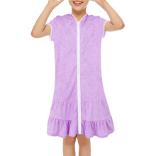 Girls' Hooded Terry Swim Cover-Up Dress with Zip, Absorbent Beach Robe – Compatible with Kids' Swimsuits, Size 6
