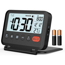 Despertador digital de viagem preto com tela LCD de 3,54" e função soneca de 9 minutos.