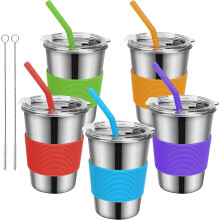 Gobelets en acier inoxydable, lot de 5, 35 cl, verres à boire pour enfants et adultes, gobelets métalliques anti-fuites avec couvercles et pailles