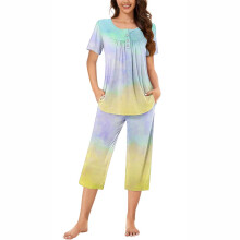 2-teiliger Damen-Loungewear-Pyjama mit Batikmuster, kurzen Ärmeln, Caprihose mit Taschen, Homewear, Größen S-3XL