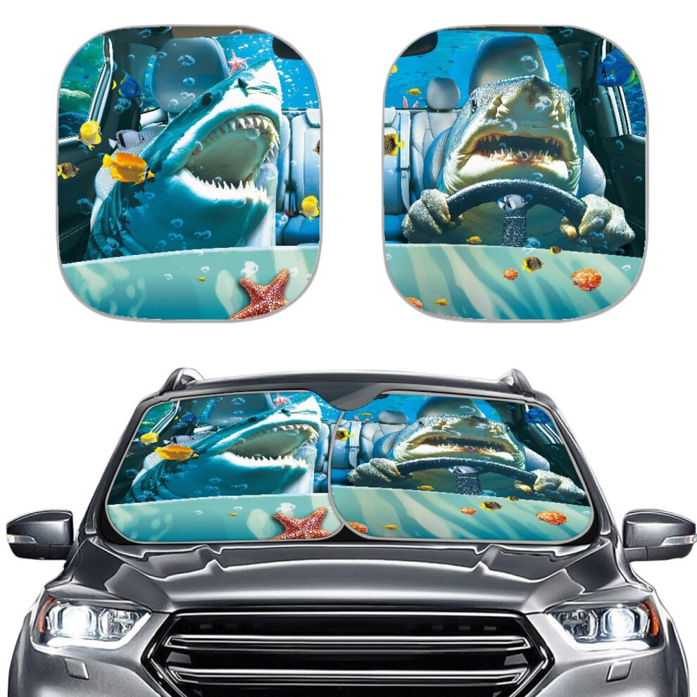Funny Sharks 2Pcs Foldable Car Windshield Sun Shade, Universal, Blocks Uv/Heat, 28.5"X25.5", Compatible With Most Vehicles 9180479646563