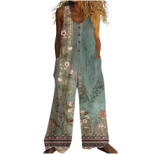 Sommerlicher Damen-Jumpsuit mit Blumenmuster, Knöpfen und Taschen – 100 % vorgeschrumpftes Polyester, weites Bein, lässige, lockere Passform,