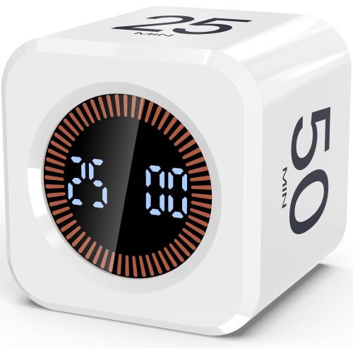 Pomodoro Timer Cube for Kids & ADHD – Visual Flip Timer, 5/10/25/50min + Custom Countdown, Silent/Sound Mode, White