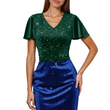 Pailletten-Top für Damen, Kurzarm, ideal für Karneval und Freizeit. Modische, lockere Bluse mit Rundhalsausschnitt, elegant und funkelnd –
