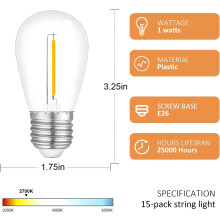 JINYUN-15-pakning lyslenker, S14LED utendørs vanntett erstatningspære, E26-sokkelpærer, 1W120V, 2700K varm hvit