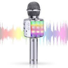 Dětský bezdrátový Bluetooth karaoke mikrofon s LED světly, vánoční dárky k narozeninám pro chlapce a dívky, stříbrný