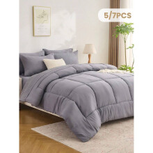 7-delige dekbedset, effen kleur, machinewasbaar