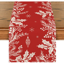 Weihnachtlicher Tischläufer – Blumenmuster mit Schneeflocken und Beeren, Landhausküchen-Dekoration, 33 x 183 cm, für drinnen und draußen