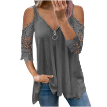 Dame sommerbluse med V-hals og blonde, 1/2-ærmet, udhulede, casual t-shirts – plus size, ensfarvet, kompatibel med hverdagstøj