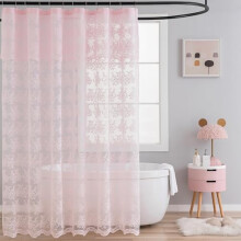 Ροζ κουρτίνα μπάνιου από δαντέλα Shabby Chic, 72x72", διάφανη vintage φλοράλ, με κυματιστή