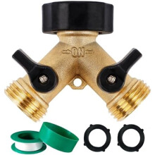 Divisor de manguera de jardín de 2 vías, conector de latón resistente para grifo, divisor en Y con 2 válvulas y 2 arandelas de goma adicionales.