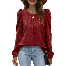 Sweat-shirts plissés à col rond pour femmes, tuniques à manches bouffantes, tailles S à 3XL