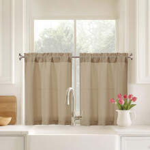 White 24" Kitchen Curtains (2 pcs), Light-Filtering Faux Linen Cafe Tiers, Dual Rod Pocket, RV/Camper Short Window Curtains, 30Wx24L in