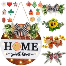 Farmhouse Rustic Welcome Door Sign with 4 Seasonal Wreaths & 12 LED Lights – White Porch Decor (Compatible with standard doors)
