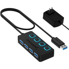 4-poorts USB 3.0-hub met individuele aan/uit-schakelaars met LED-verlichting, inclusief 5V/2,5A-adapter (HB-UMP3)