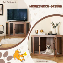 Tavolino angolare per cuccia per cani con gabbia per animali domestici con porta in rete e cuscino 114 x 59 x 67 cm Marrone