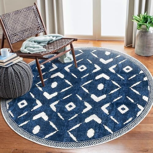 Round Area Rug Blue Geometric Moroccan Design 5 ft