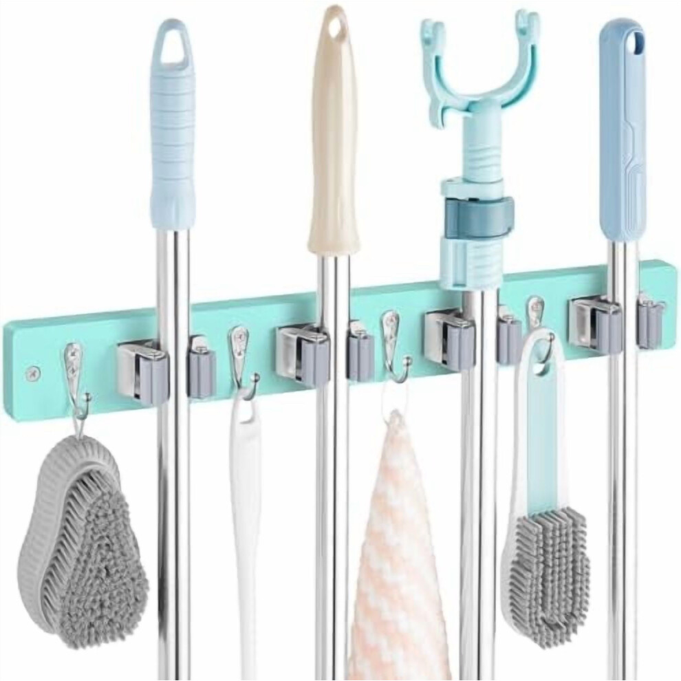 Turquoise Wall-Mount Broom Holder With 4 Slots And 4 Hooks 9132278197081