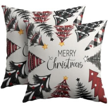 Weihnachtskissenbezüge, 40 x 40 cm, 2er-Set, rot/schwarz kariert, Weihnachtsbaum-Design, Baumwoll-Leinen-Mischgewebe, Landhausstil