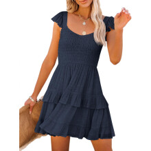 Sommarklänningar för kvinnor Casual Boho Smockad Volang Solstrand Babydoll Miniklänning Lager-på-lager Böljande Swingklänning