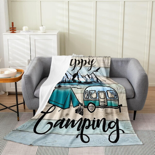 Κουβέρτα Happy Camping – Ρετρό Ξύλινη Ρουστίκ Φλις, 30x40", Συμβατή με Παιδιά, Αγόρια,
