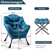 Poltrona com banco e braços e bolso lateral e apoio para os pés cadeira de relaxamento poltrona azul