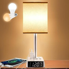 Luminária de mesa moderna com portas USB-C/A, tomadas CA e alarme.