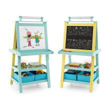Cavalete infantil 3 em 1 quadro branco dupla face, quadro-negro e papel de desenho amarelo + azul