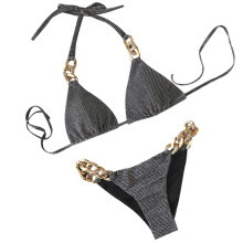 Figurschmeichelnde Badeanzüge für Damen, modischer, einfarbiger, sexy zweiteiliger Bikini aus Samt mit Strasssteinen und Metallkette für den Sommer