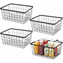 Kitchen Metal Wire Baskets with Handles Food Storage Organizer, Household Refrigerator for Cabinets,Pantry,Bathroom,Black,4 Pack