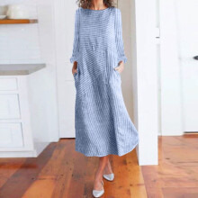 Ediodpoh Dam Casual Randig Mönstrad Långärmad Klänning Rund Hals Linnefickor Långklänning Petite Vårklänningar för Dam Blå M