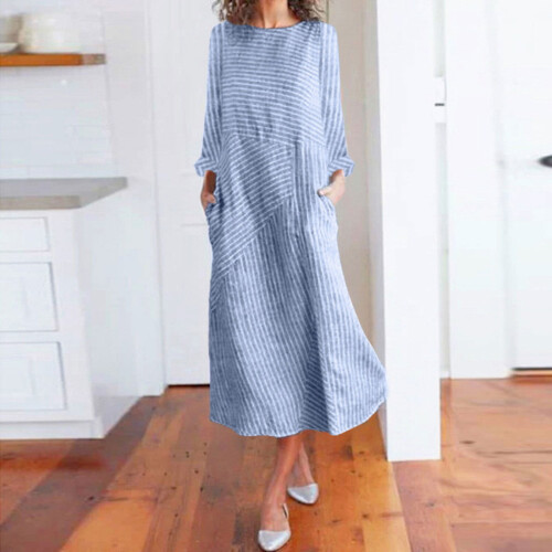 Ediodpoh Γυναικείο Casual Ριγέ Φόρεμα με Μακρυμάνικο Στάμπα και Στρογγυλή Λαιμόκοψη,