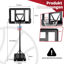 Suporte de basquete de 130 - 305 cm com rede e 2 rodas, ajustável em altura preto