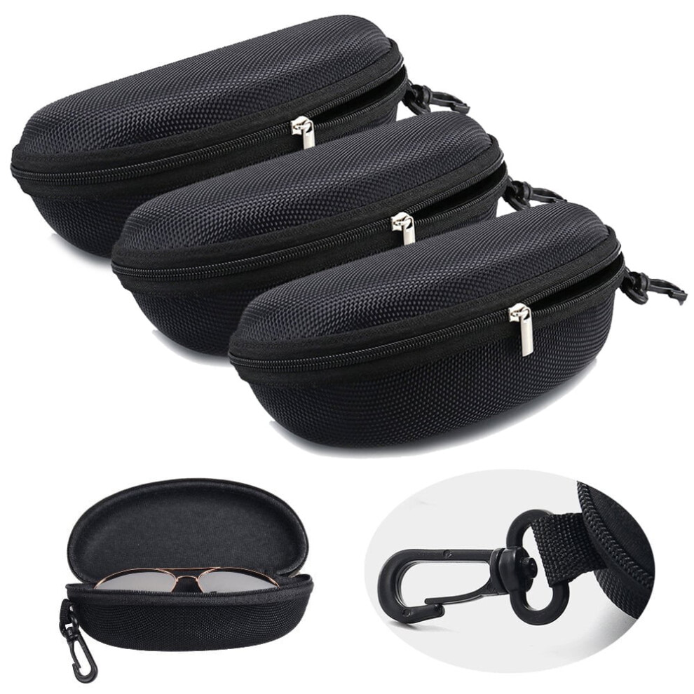 Homeya Sunglasses Case Hard Shell for Large Eyeglasses, Portable Travel Carry Clam with Clip Metal Zipper 3 Pack, Black
