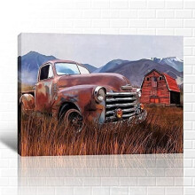 Wandbild im Landhausstil: Vintage-LKW-Leinwanddruck, ländliche rote Scheunendekoration, rustikales gerahmtes Kunstwerk (30 x 45 cm) für das