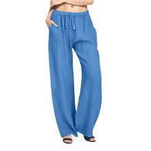 Femei talie largă pantaloni lungi cu șnur casual elastic pantaloni din bumbac solid