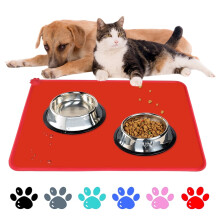 Silicone Dog Cat Bowl Mat - 18.5" x 11.5" - Non-Slip Waterproof Pet Feeding Mat - Black - Red