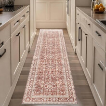 Vintage Red 2x8 Runner Rug, Washable Non-Slip Low-Pile Faux Wool Mat for Kitchen, Hallway, Entry – Compatible with Indoor Use