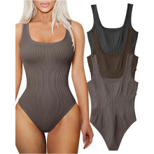 Dreiteilige Damen-Bodysuits, sexy gerippt, eckiger Ausschnitt, ärmellos