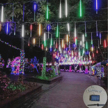 Guirlande lumineuse solaire effet pluie de météores, 30 cm, 8 tubes, 144 LED multicolores, idéale pour Noël, mariages, fêtes et terrasses –