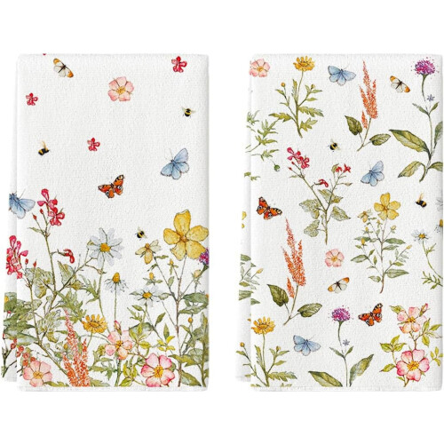 Fjärils- och vildblommor kökshanddukar, 2-pack
