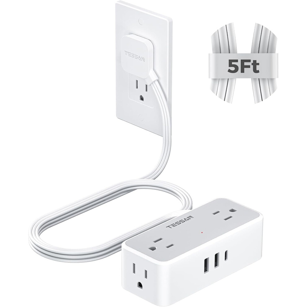 Flat Plug 5Ft Extension Cord W/ 4 Ac Outlets, 1 Usb-C & 2 Usb-A, 900J Surge Protection Â Compatible With Home, Office, Dorm 9028731336725