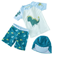 Kinderzwemkleding voor jongens: topje met cartoon dinosaurusprint, short en badmuts, 3-delige set.