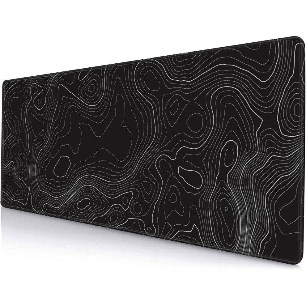 Large Gaming Mouse Pad 31.5X11.8", Non-Slip Rubber Base, Stitched Edges, Topographic Design Black 9110895729212